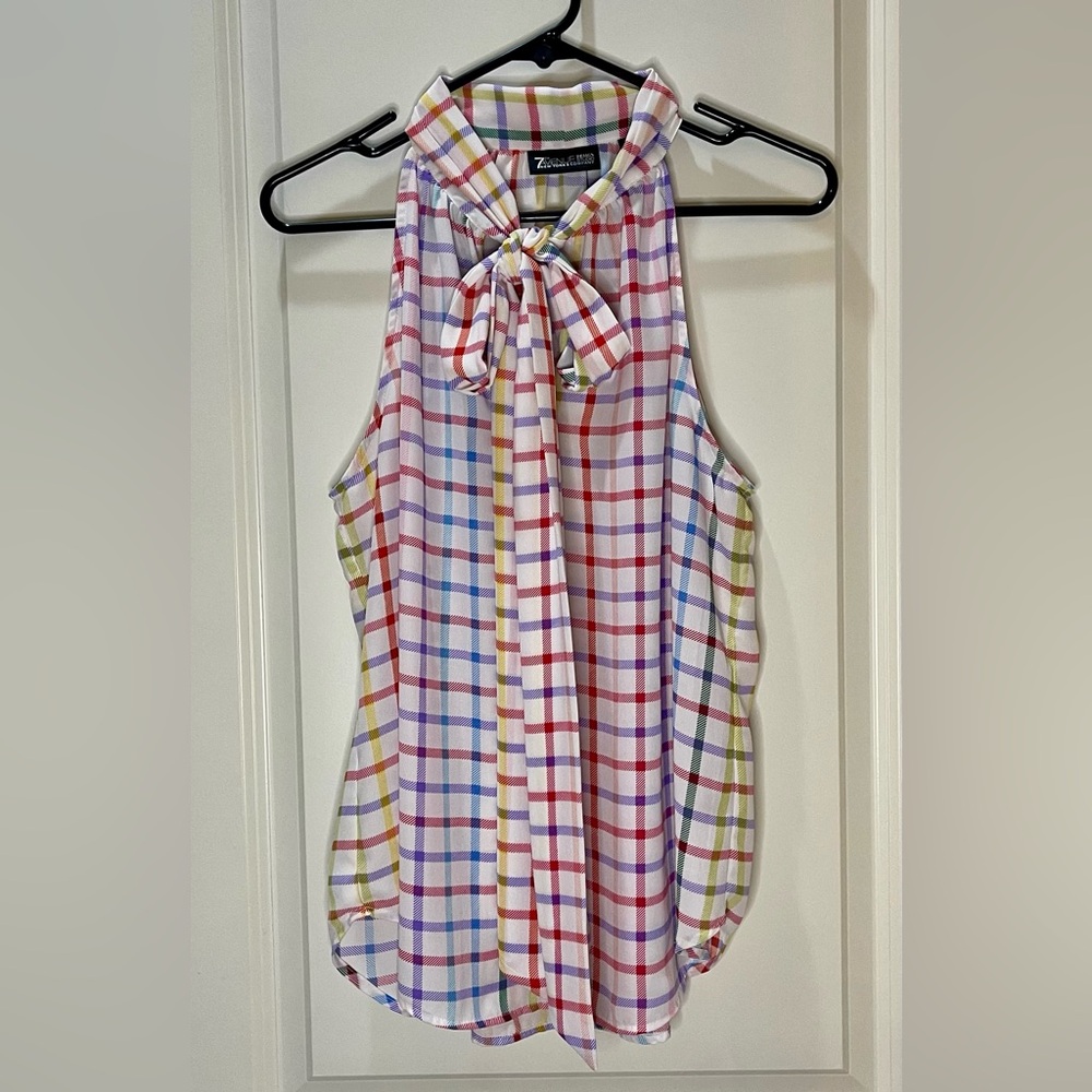 New York & Company 7th Avenue Plaid Sleeveless Tie Front Blouse Size M